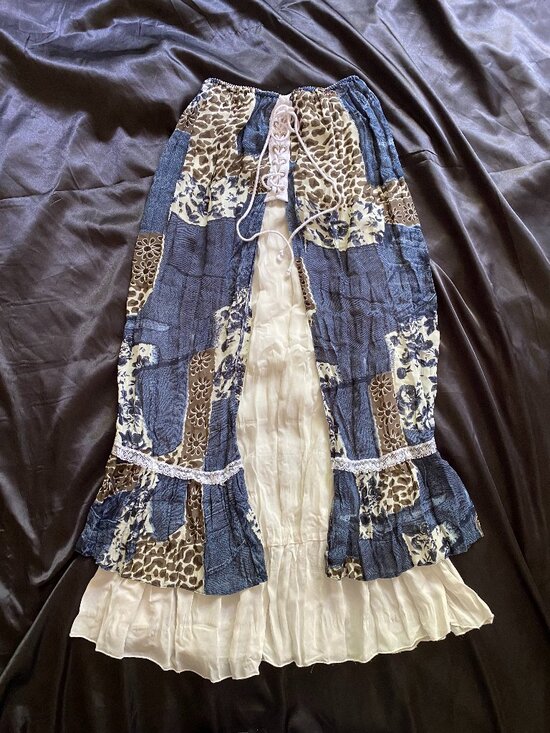 Dress U Sharon Dresses & Skirts - Vintage y2k Denim Leopard Lace Patchwork Laceup Boho Western Fairy Skirt Size 6